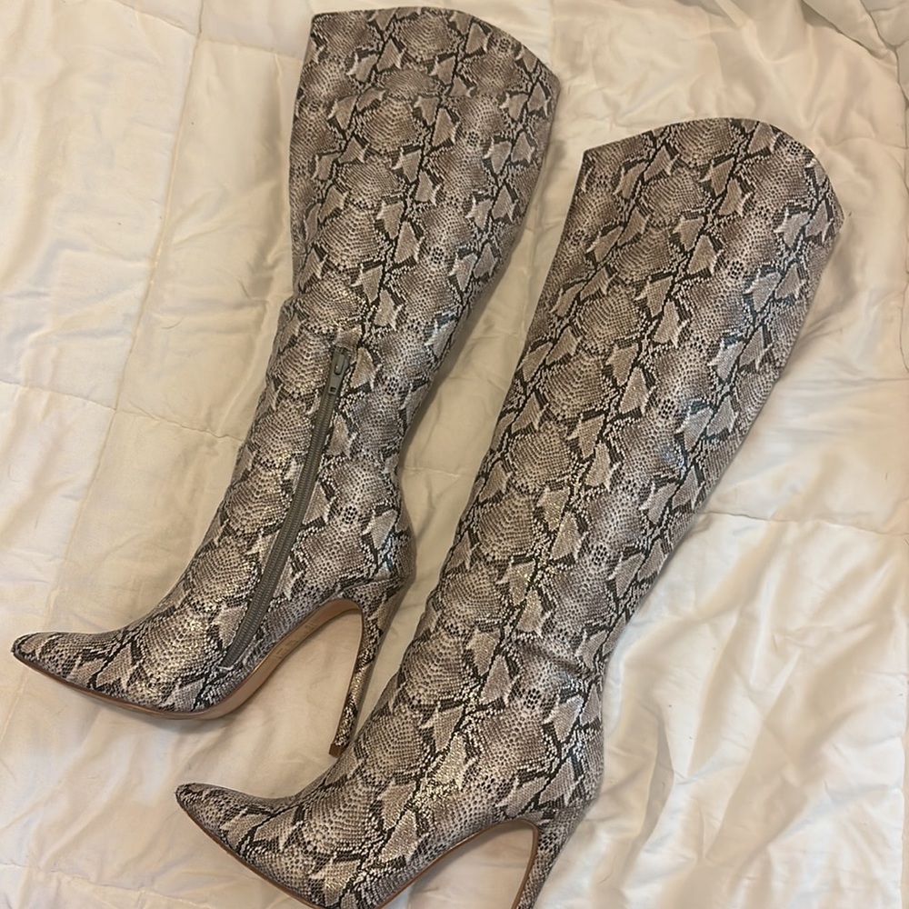 Vici Heeled Python Snake Boots | Taupe/Black | Si… - image 4